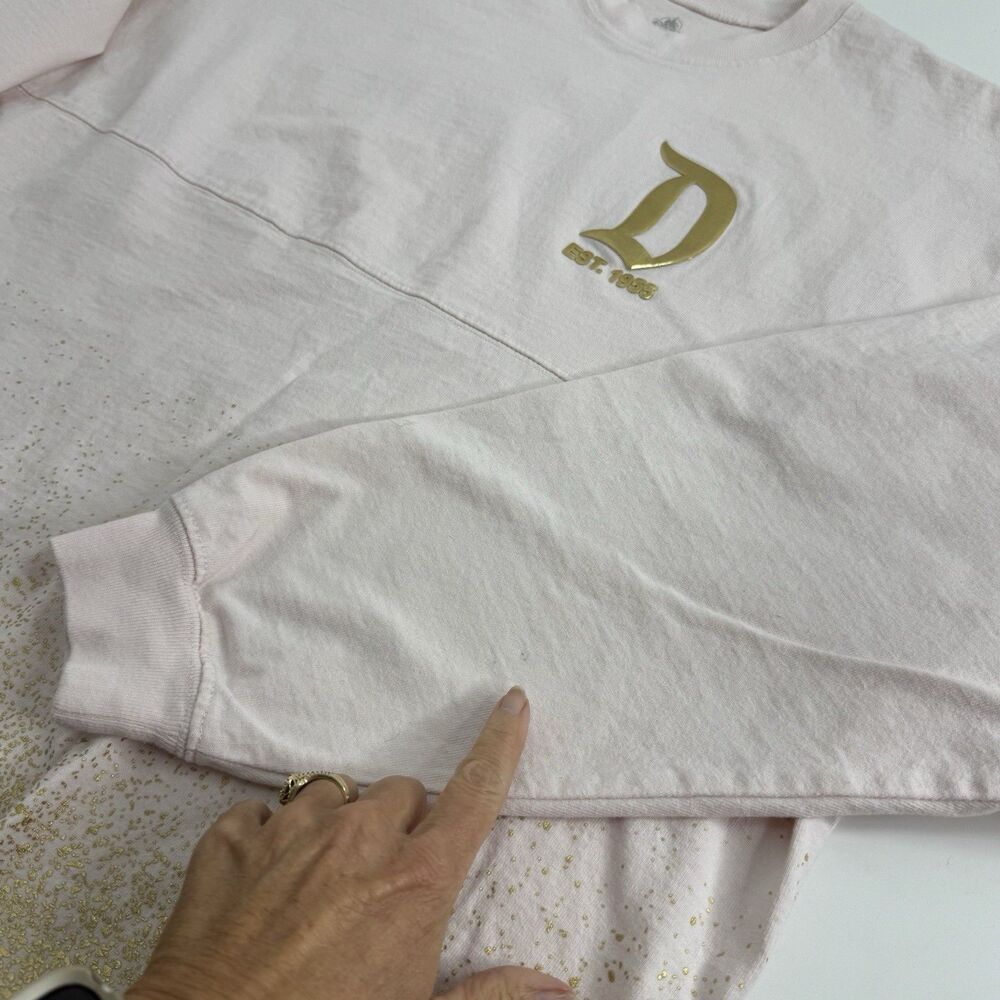 Disney Spirit Jersey Gold Glitter Pink Shirt Womens Sz L Foil Disneyland Puff - Picture 11 of 11